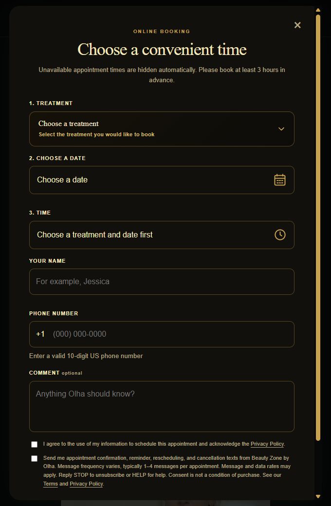 Beauty Zone online booking form