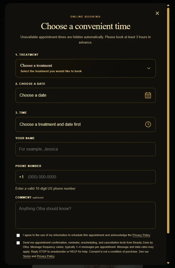 Beauty Zone online booking form