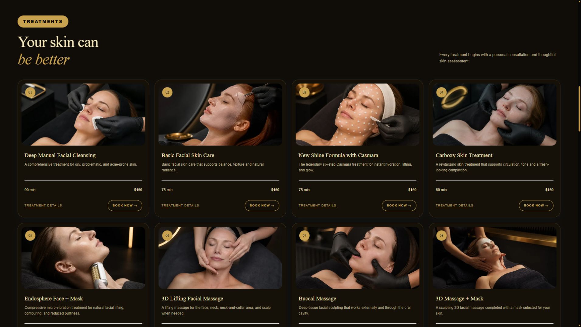 Treatment catalog with prices and booking buttons